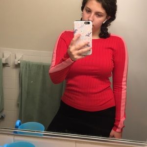 mock neck red sweater with pink stripe forever 21